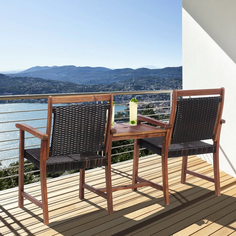 2-Seat Patio Rattan Acacia Wood Chair with Coffee Table by DirectDeals