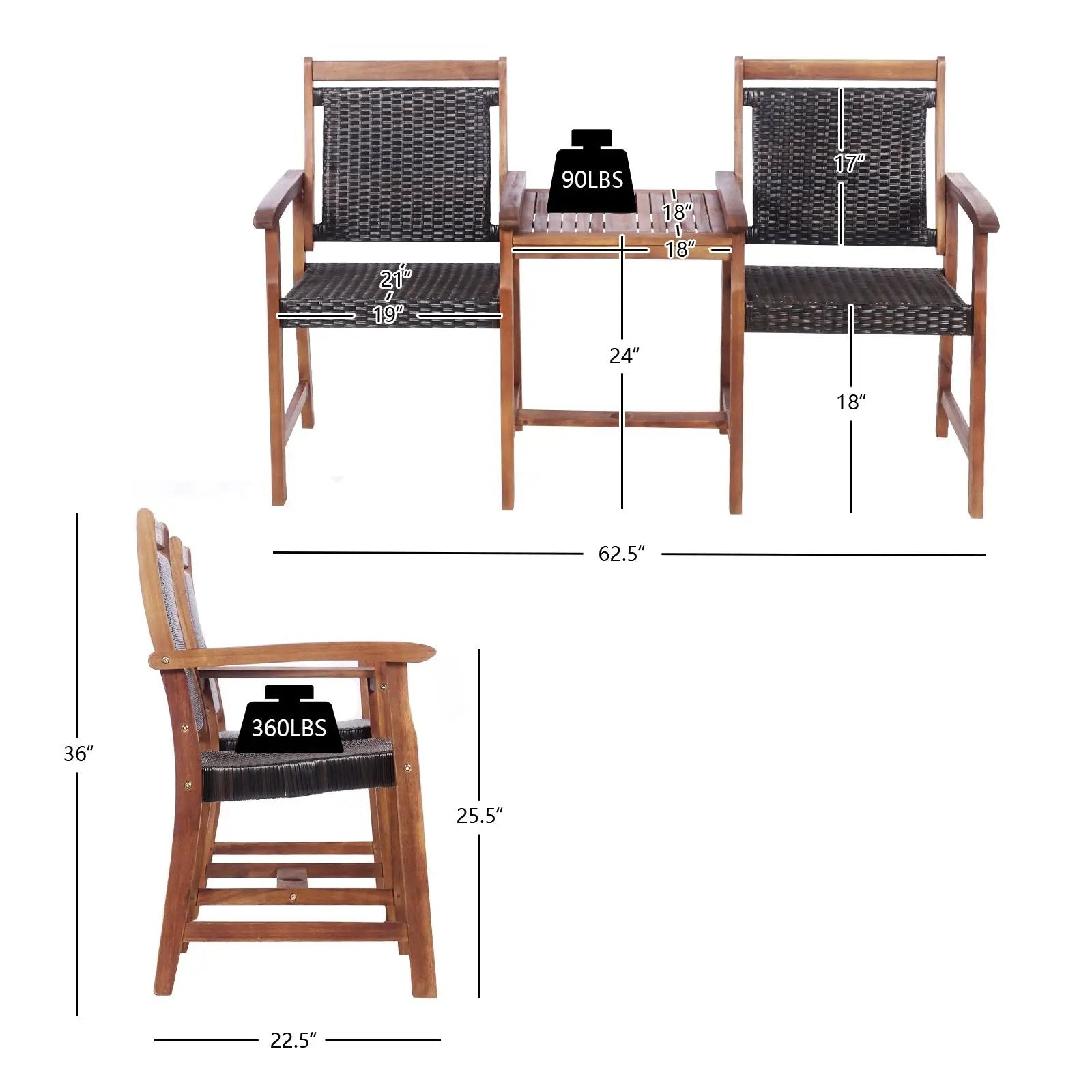 2-Seat Patio Rattan Acacia Wood Chair with Coffee Table by DirectDeals