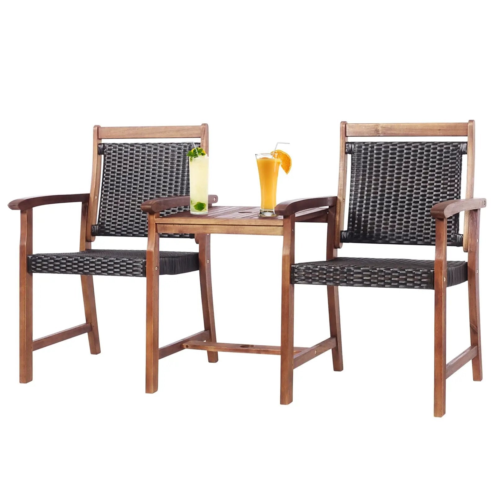 2-Seat Patio Rattan Acacia Wood Chair with Coffee Table by DirectDeals
