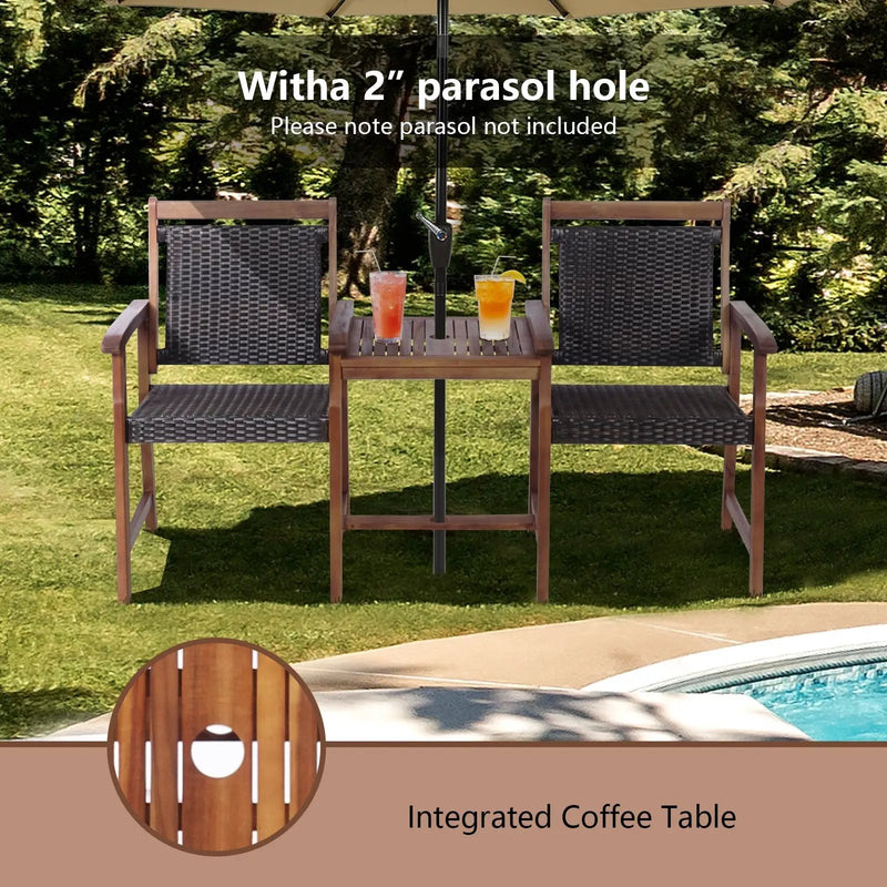 2-Seat Patio Rattan Acacia Wood Chair with Coffee Table by DirectDeals