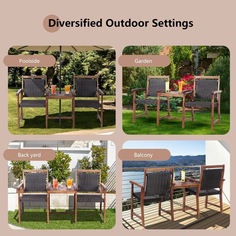 2-Seat Patio Rattan Acacia Wood Chair with Coffee Table by DirectDeals