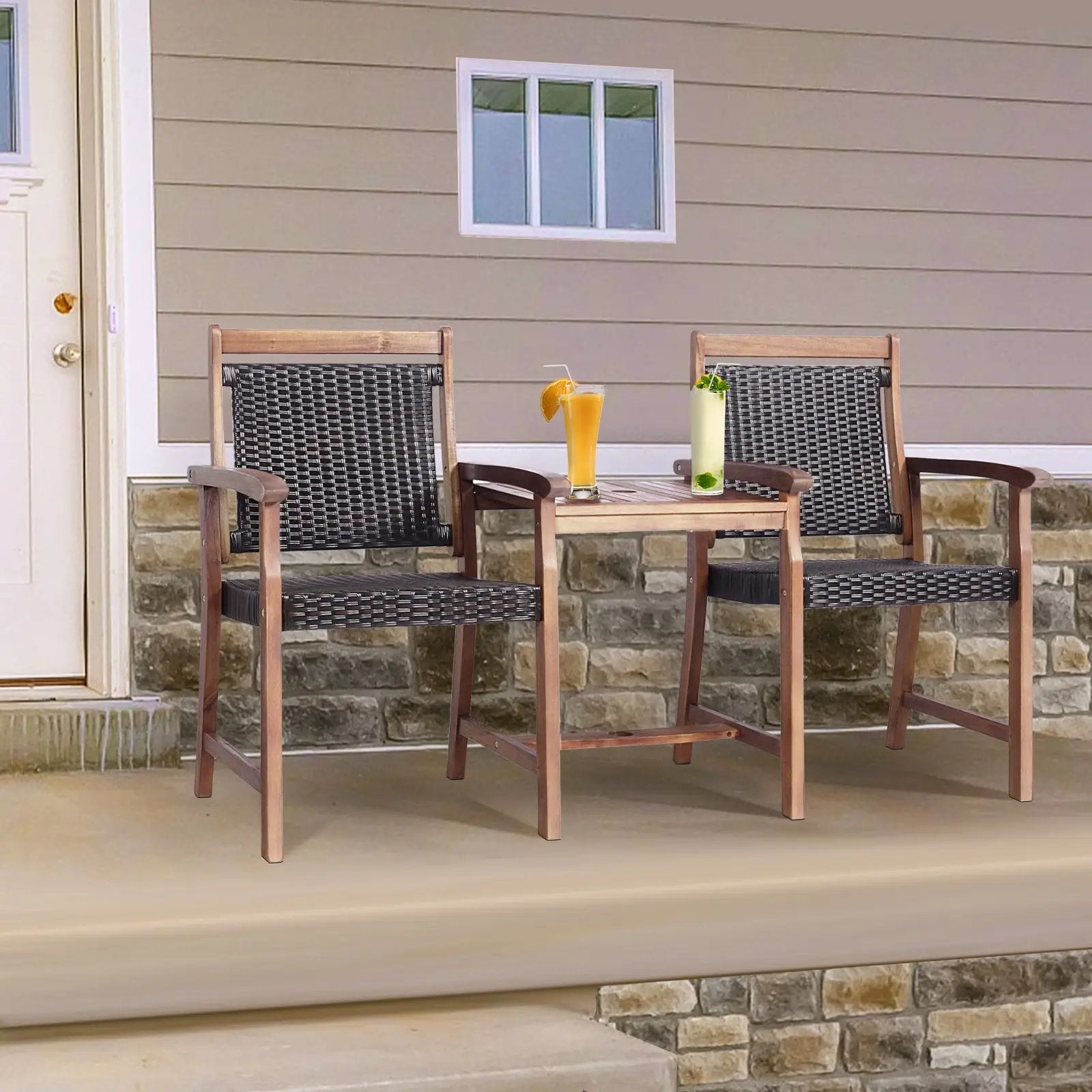2-Seat Patio Rattan Acacia Wood Chair with Coffee Table by DirectDeals