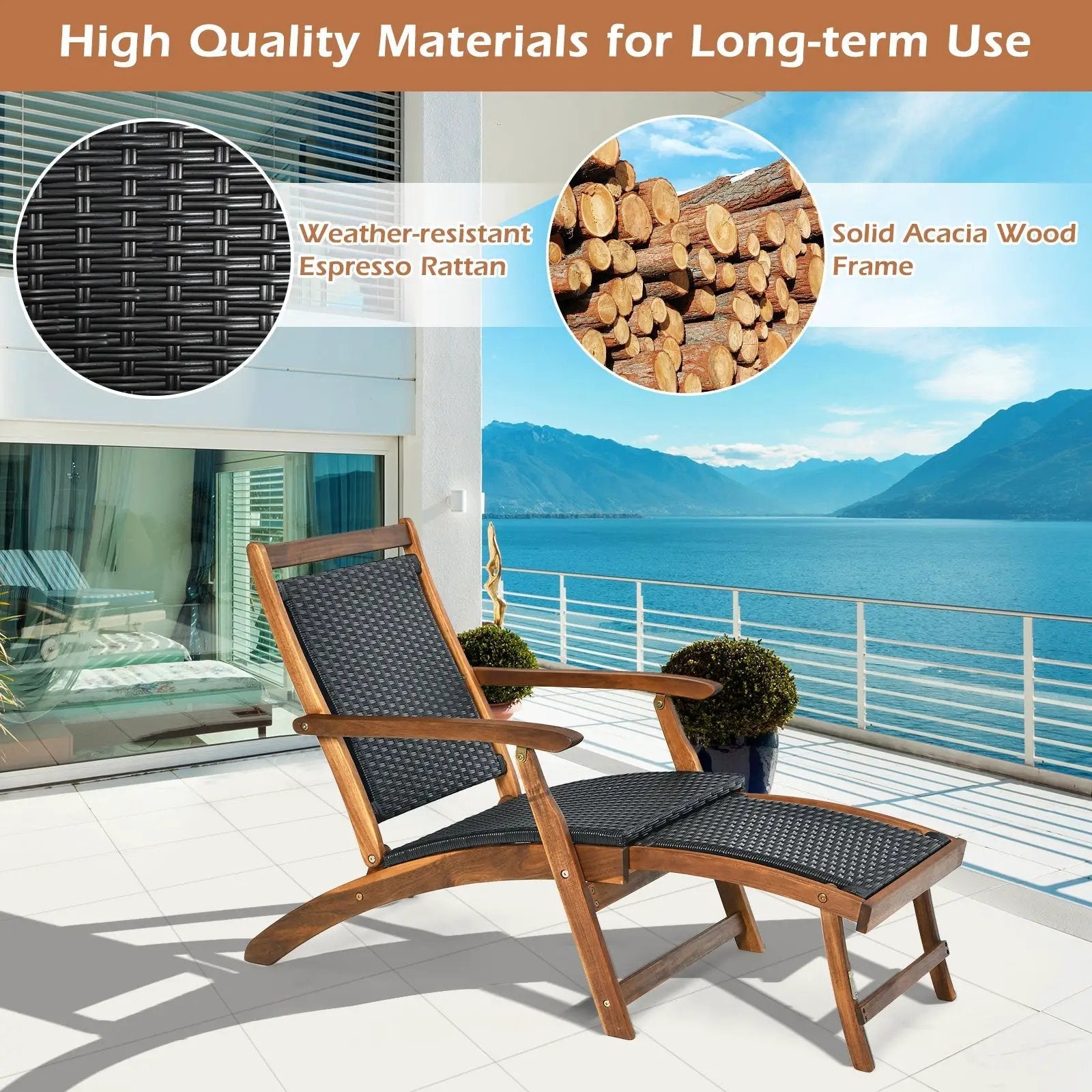 Patio Rattan Folding Lounge Chair with Acacia Wooden Frame Retractable Footrest by DirectDeals