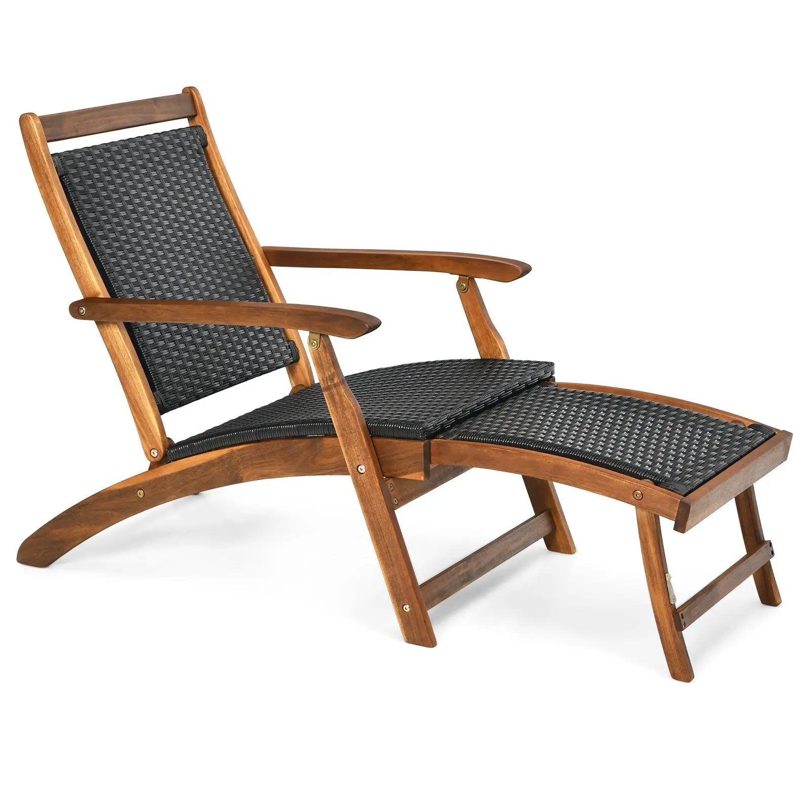 Patio Rattan Folding Lounge Chair with Acacia Wooden Frame Retractable Footrest by DirectDeals