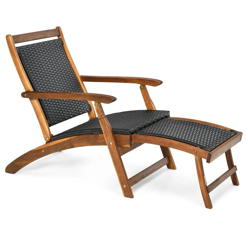 Patio Rattan Folding Lounge Chair with Acacia Wooden Frame Retractable Footrest by DirectDeals