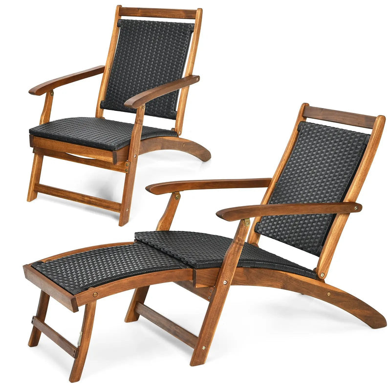 Patio Rattan Folding Lounge Chair with Acacia Wooden Frame Retractable Footrest by DirectDeals