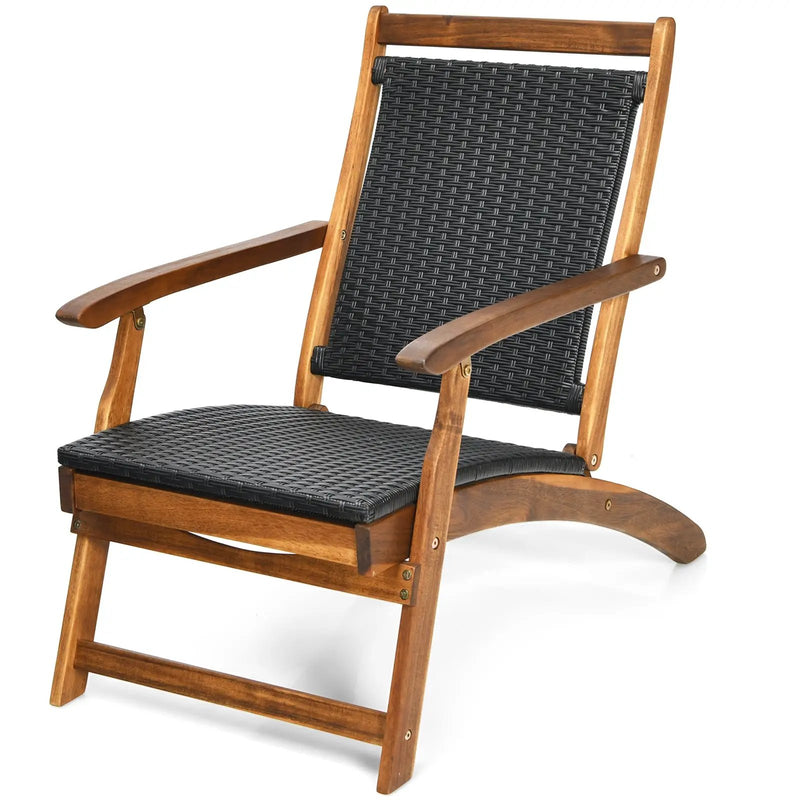 Patio Rattan Folding Lounge Chair with Acacia Wooden Frame Retractable Footrest by DirectDeals