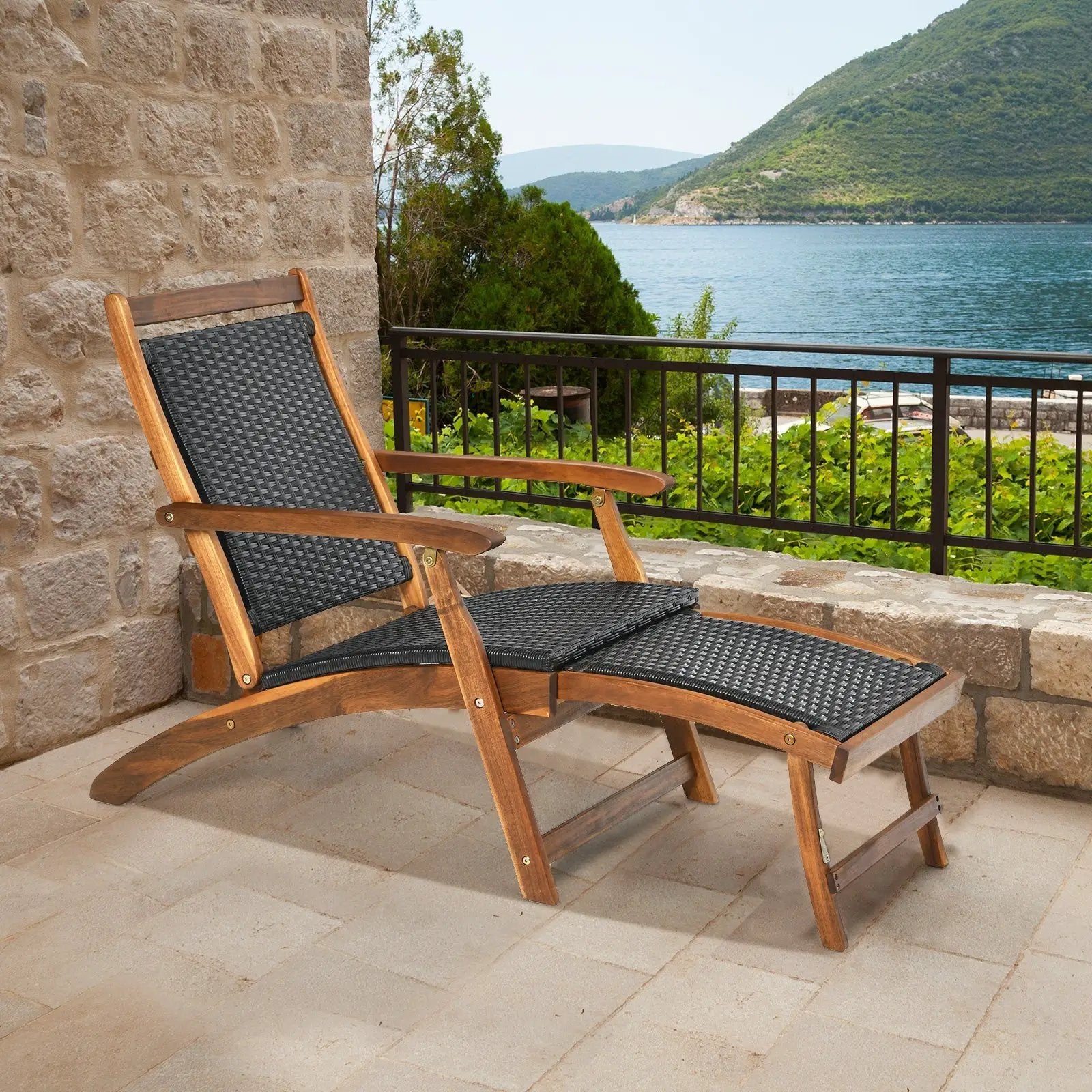 Patio Rattan Folding Lounge Chair with Acacia Wooden Frame Retractable Footrest by DirectDeals