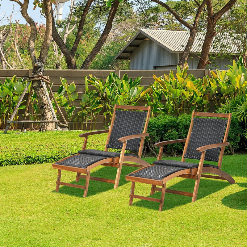 Patio Rattan Folding Lounge Chair with Acacia Wooden Frame Retractable Footrest by DirectDeals