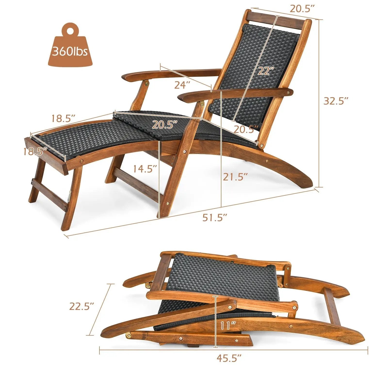 Patio Rattan Folding Lounge Chair with Acacia Wooden Frame Retractable Footrest by DirectDeals