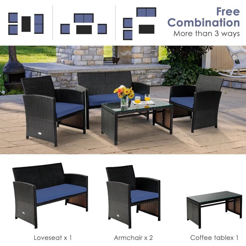 4 Pieces Patio Rattan Cushioned Furniture Set with Coffee Table-Black by DirectDeals