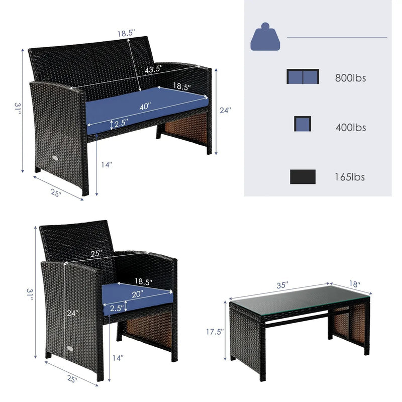 4 Pieces Patio Rattan Cushioned Furniture Set with Coffee Table-Black by DirectDeals