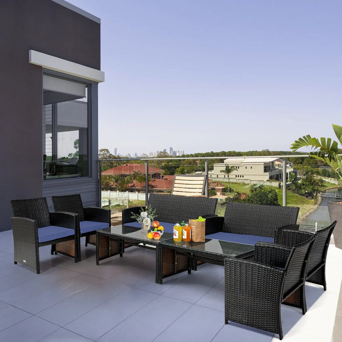 4 Pieces Patio Rattan Cushioned Furniture Set with Coffee Table-Black