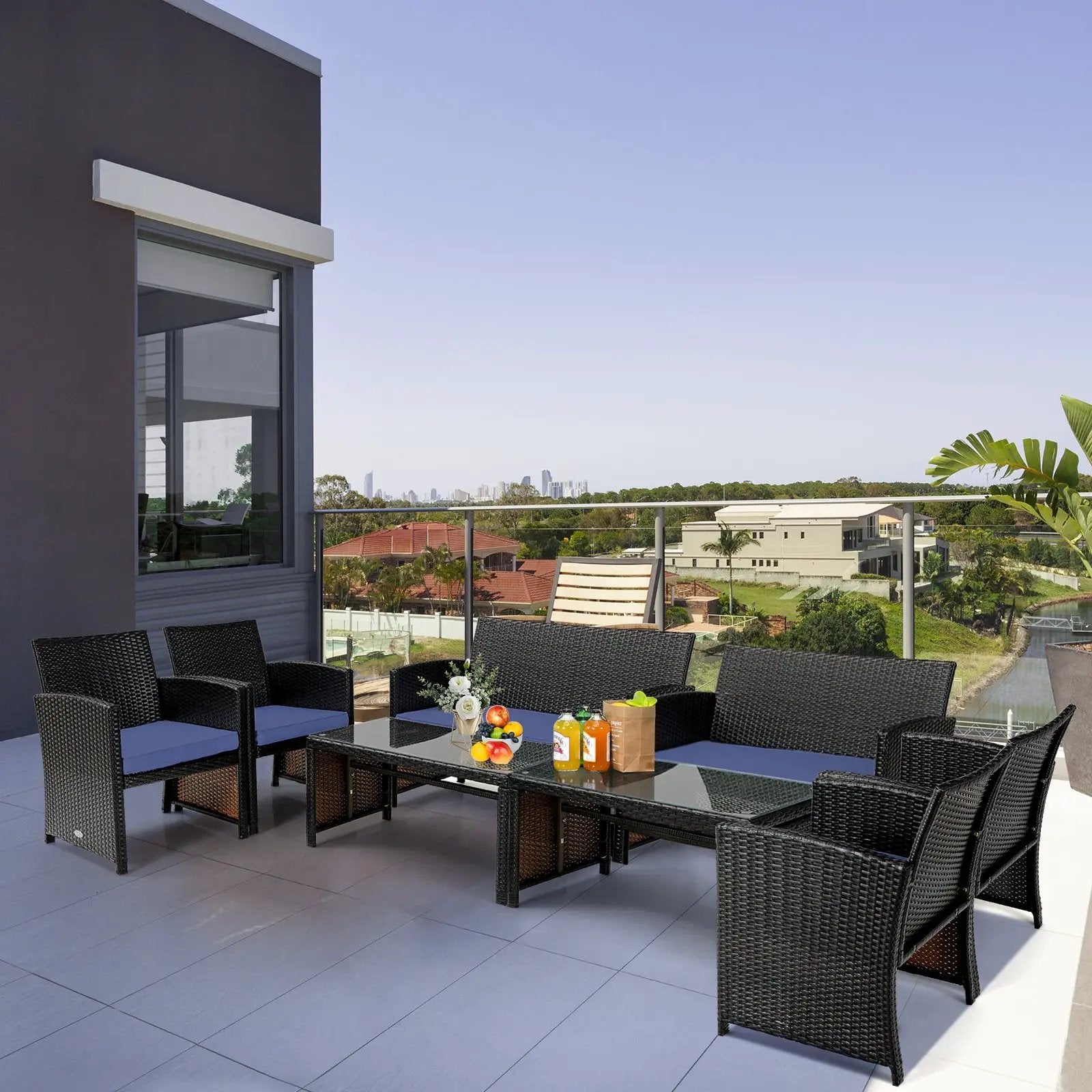 4 Pieces Patio Rattan Cushioned Furniture Set with Coffee Table-Black by DirectDeals