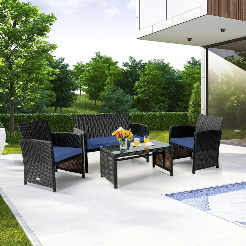 4 Pieces Patio Rattan Cushioned Furniture Set with Coffee Table-Black by DirectDeals