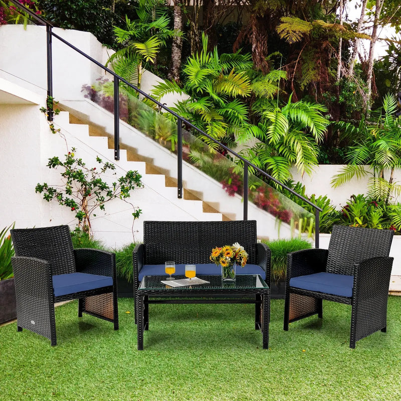 4 Pieces Patio Rattan Cushioned Furniture Set with Coffee Table-Black by DirectDeals