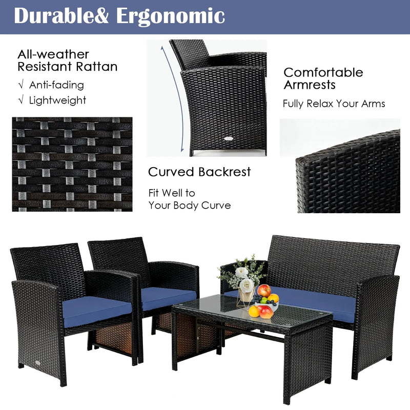 4 Pieces Patio Rattan Cushioned Furniture Set with Coffee Table-Black by DirectDeals