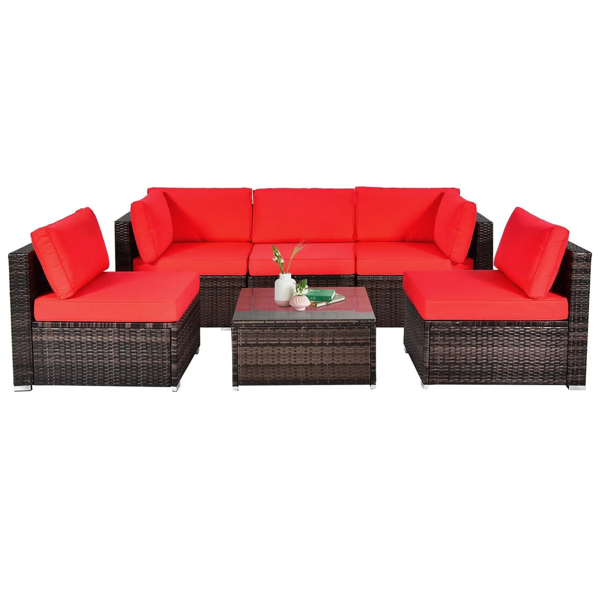 6 Pieces Patio Rattan Furniture Set with Cushions by DirectDeals