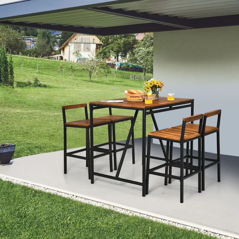 5 Pieces Outdoor Acacia Wood and PE Rattan Bar Set by DirectDeals