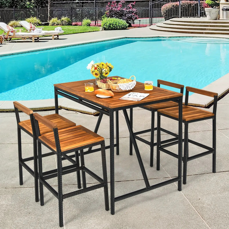 5 Pieces Outdoor Acacia Wood and PE Rattan Bar Set by DirectDeals