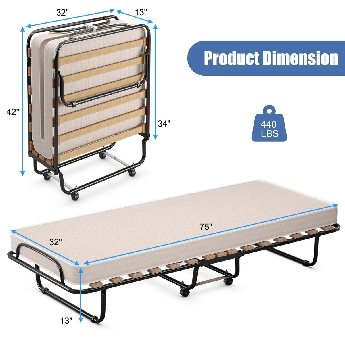 Portable Folding Bed with Memory Foam Mattress and Sturdy Metal Frame Made in Italy, photo 3 of 9