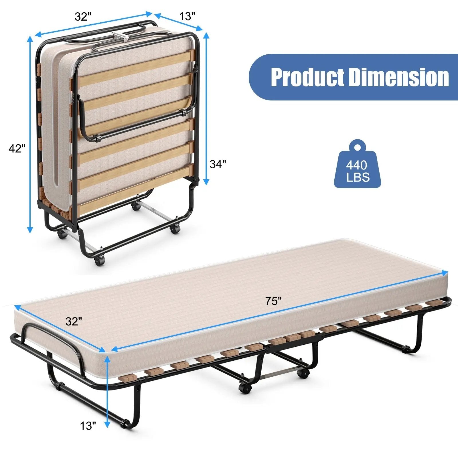 Portable Folding Bed with Memory Foam Mattress and Sturdy Metal Frame Made in Italy by DirectDeals