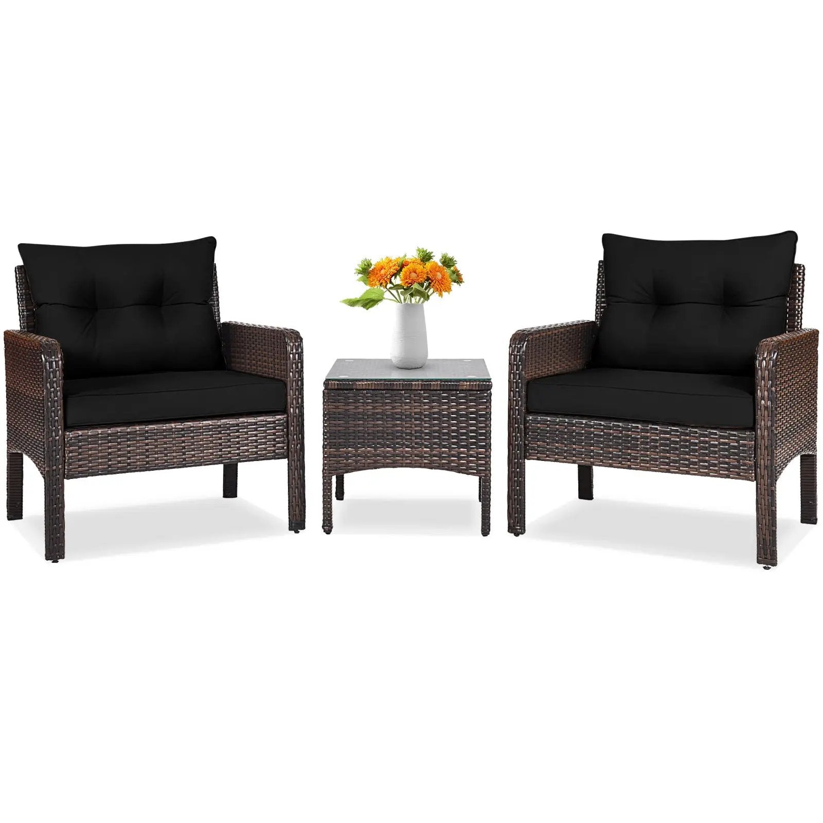 3 Pcs Outdoor Patio Rattan Conversation Set with Seat Cushions-Black by DirectDeals