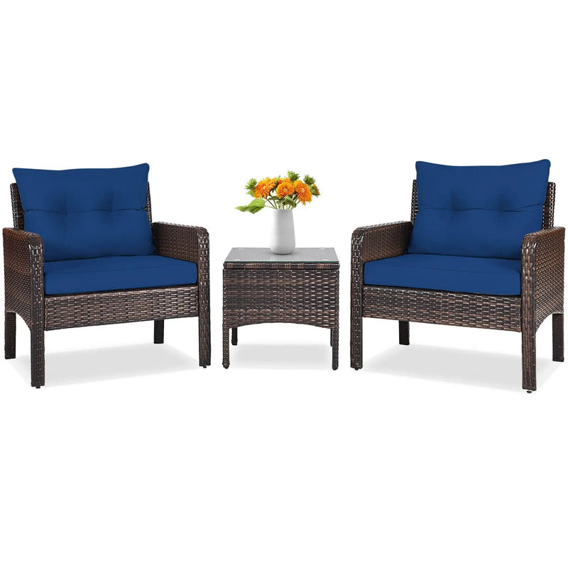 3 Pcs Outdoor Patio Rattan Conversation Set with Seat Cushions-Black by DirectDeals