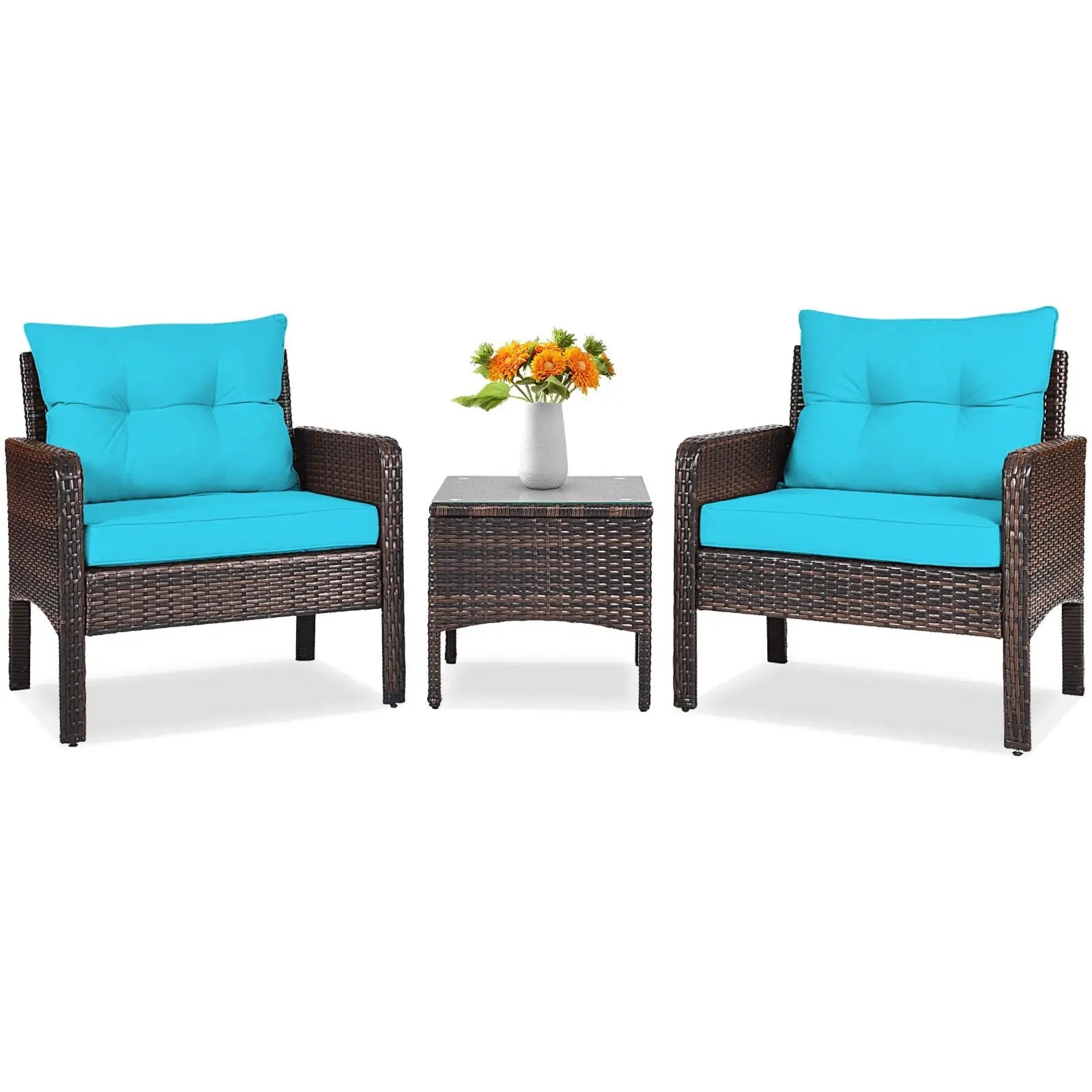 3 Pcs Outdoor Patio Rattan Conversation Set with Seat Cushions-Black by DirectDeals