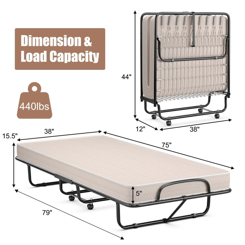 Rollaway Guest Bed with Sturdy Steel Frame and Memory Foam Mattress Made in Italy by DirectDeals