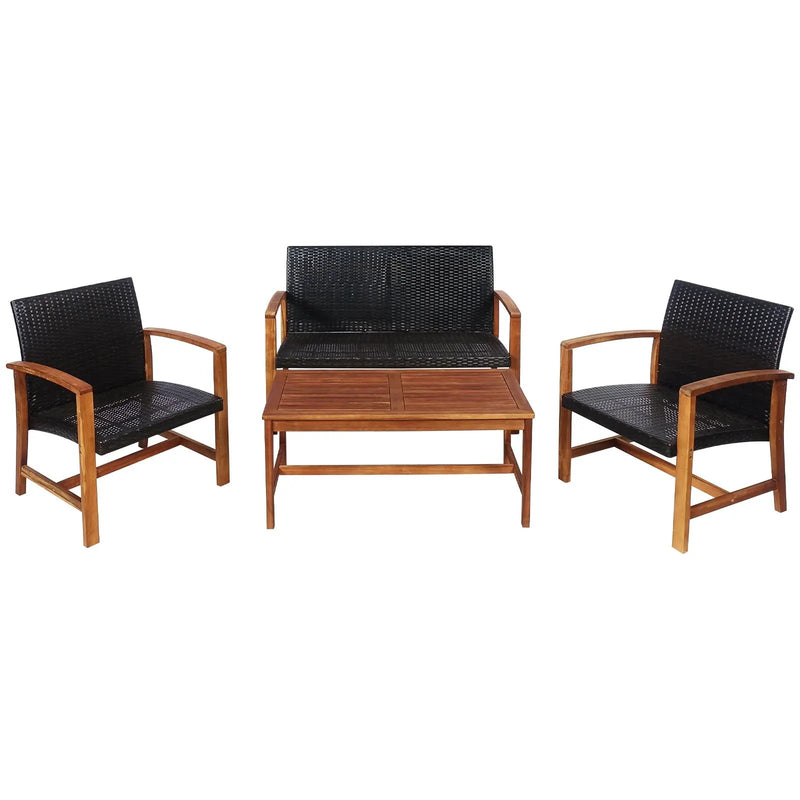 4 Pieces PE Rattan Patio Furniture Set with Solid Acacia Wood by DirectDeals