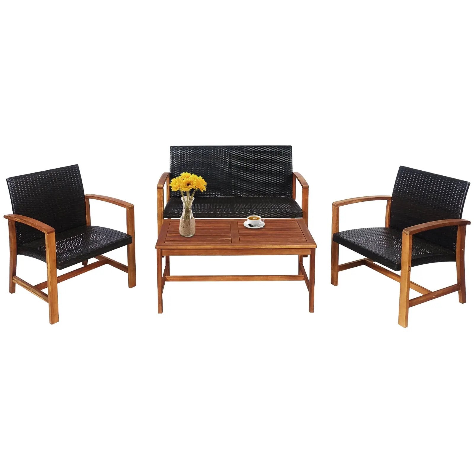 4 Pieces PE Rattan Patio Furniture Set with Solid Acacia Wood by DirectDeals