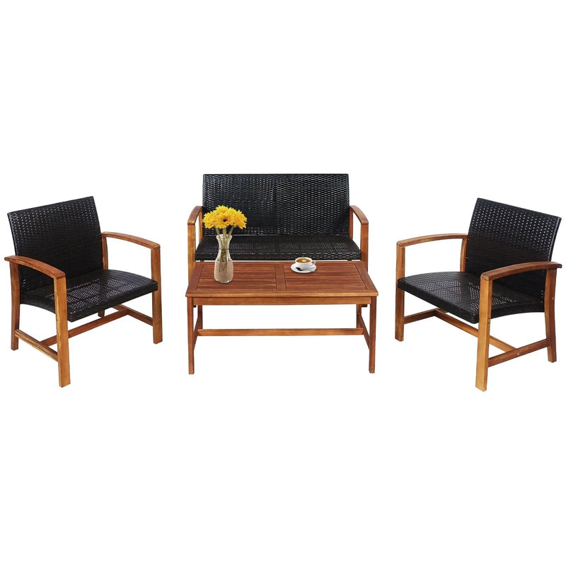 4 Pieces PE Rattan Patio Furniture Set with Solid Acacia Wood by DirectDeals
