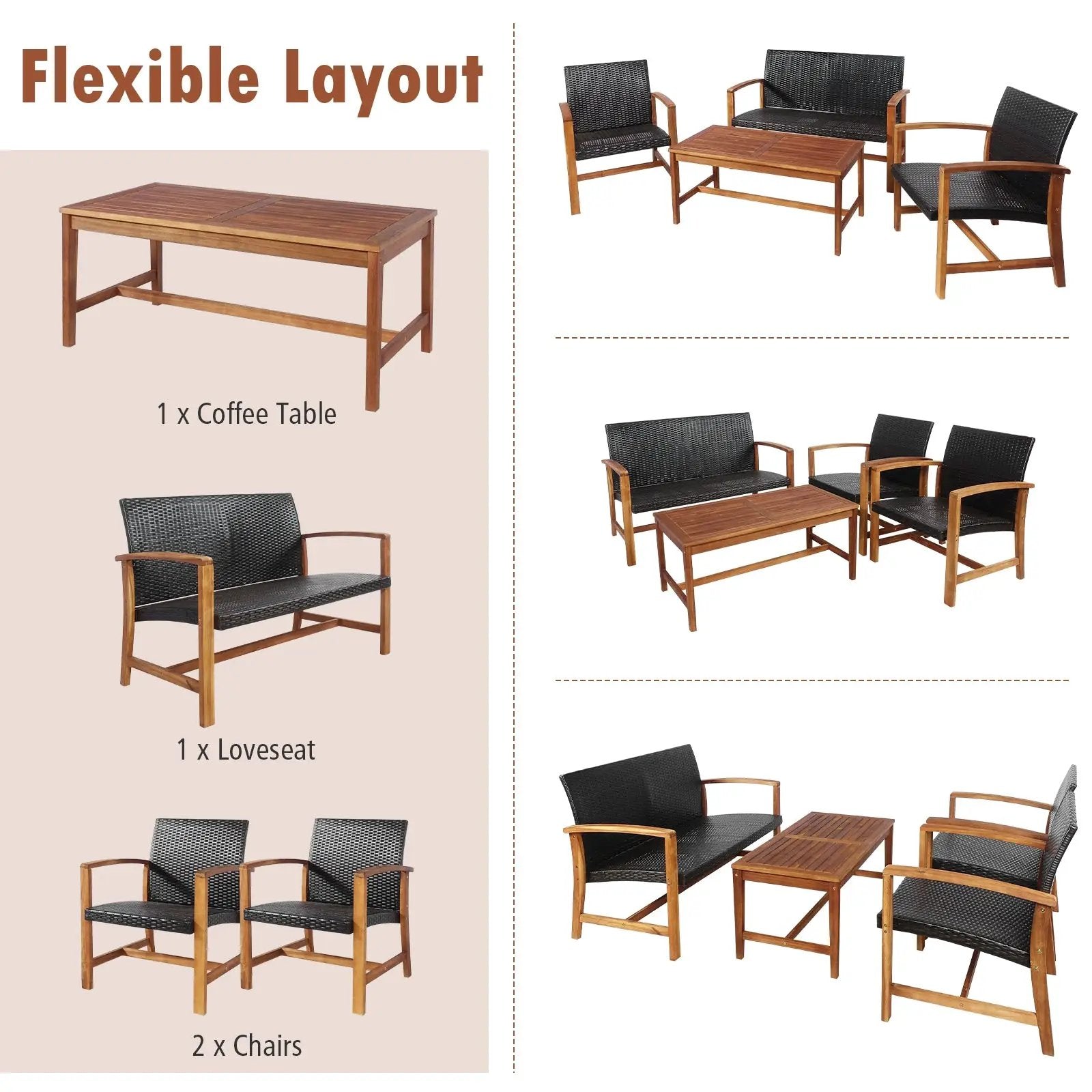 4 Pieces PE Rattan Patio Furniture Set with Solid Acacia Wood by DirectDeals