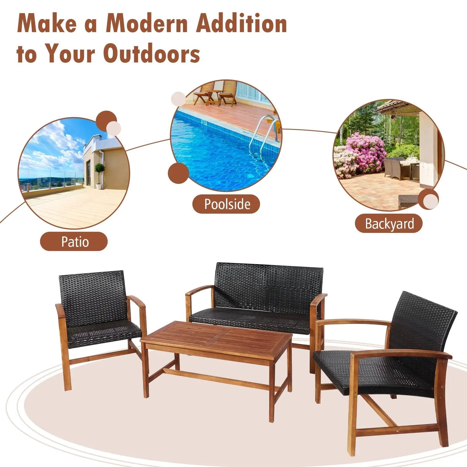 4 Pieces PE Rattan Patio Furniture Set with Solid Acacia Wood by DirectDeals