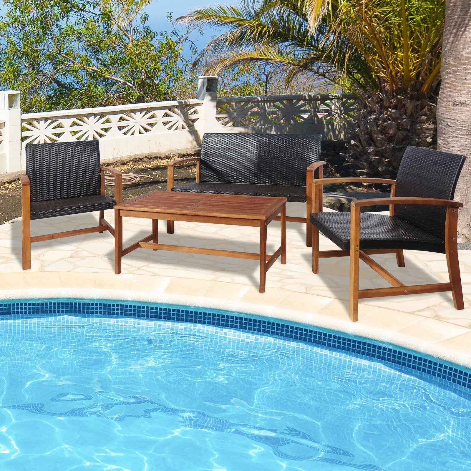 4 Pieces PE Rattan Patio Furniture Set with Solid Acacia Wood by DirectDeals