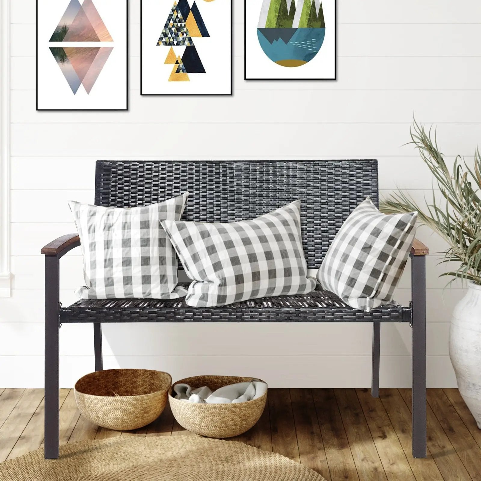 Outdoor Patio Rattan Wicker Bench with Armrest for Garden by DirectDeals