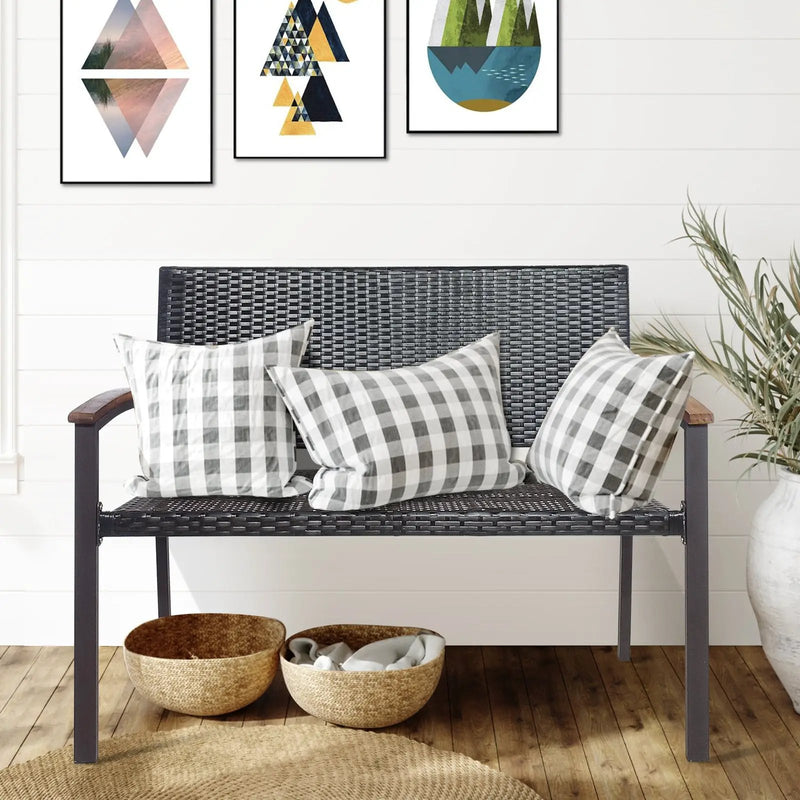 Outdoor Patio Rattan Wicker Bench with Armrest for Garden by DirectDeals