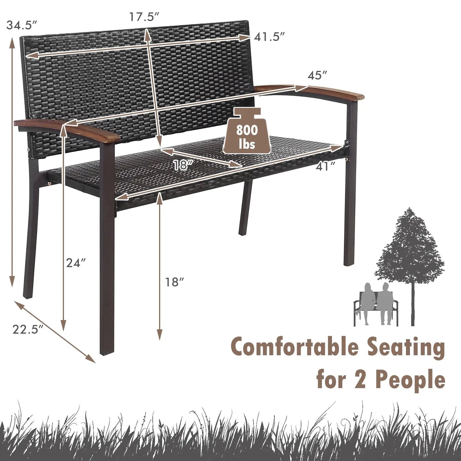 Outdoor Patio Rattan Wicker Bench with Armrest for Garden by DirectDeals
