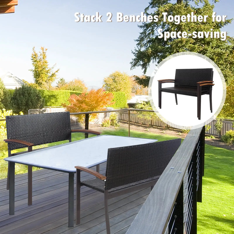 Outdoor Patio Rattan Wicker Bench with Armrest for Garden by DirectDeals