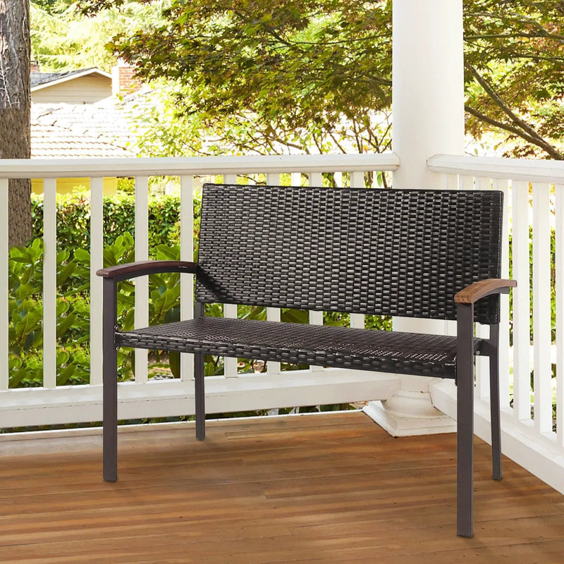 Outdoor Patio Rattan Wicker Bench with Armrest for Garden by DirectDeals