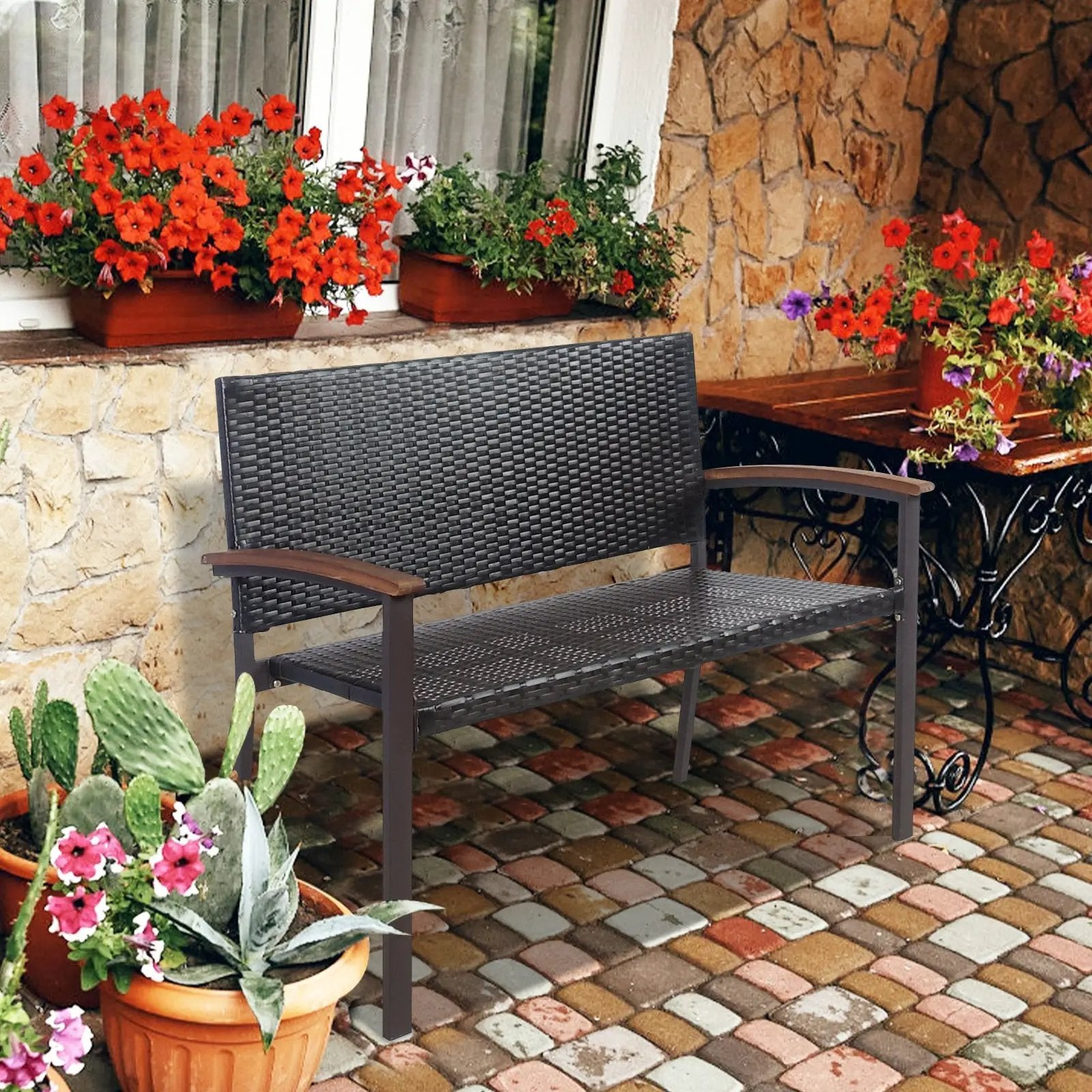 Outdoor Patio Rattan Wicker Bench with Armrest for Garden by DirectDeals