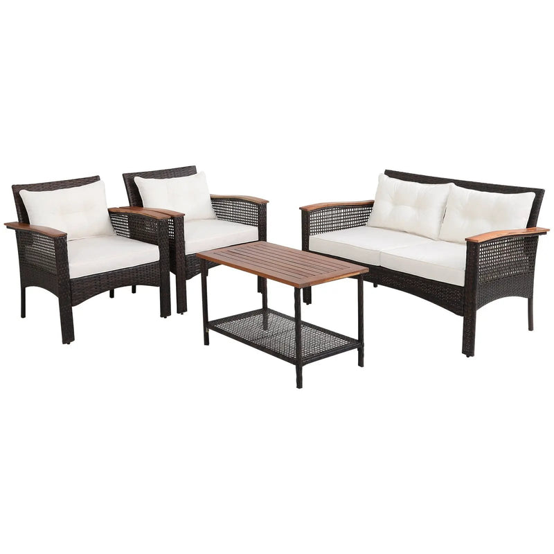 4 Pieces Patio Rattan Acacia Wood Furniture Set with Cushions and Armrest by DirectDeals