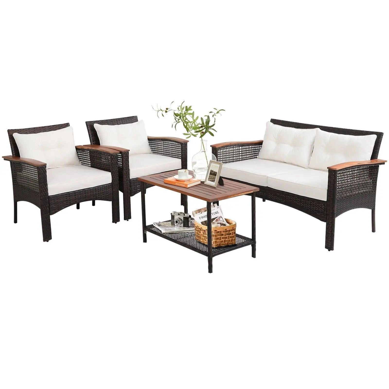 4 Pieces Patio Rattan Acacia Wood Furniture Set with Cushions and Armrest by DirectDeals