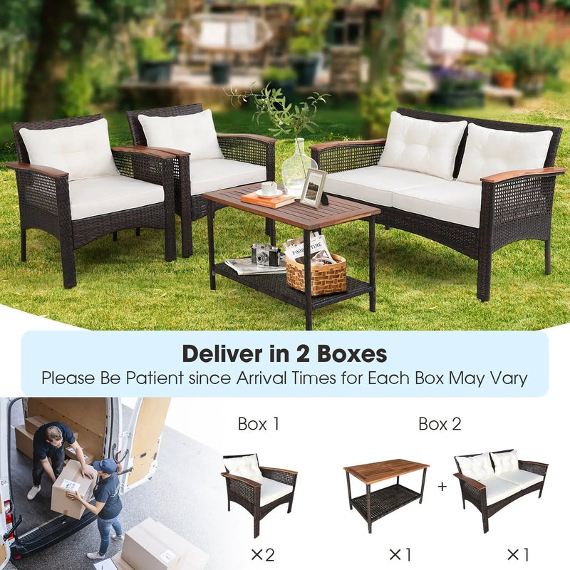 4 Pieces Patio Rattan Acacia Wood Furniture Set with Cushions and Armrest by DirectDeals