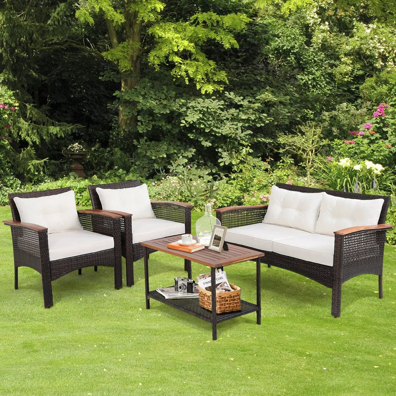 4 Pieces Patio Rattan Acacia Wood Furniture Set with Cushions and Armrest by DirectDeals