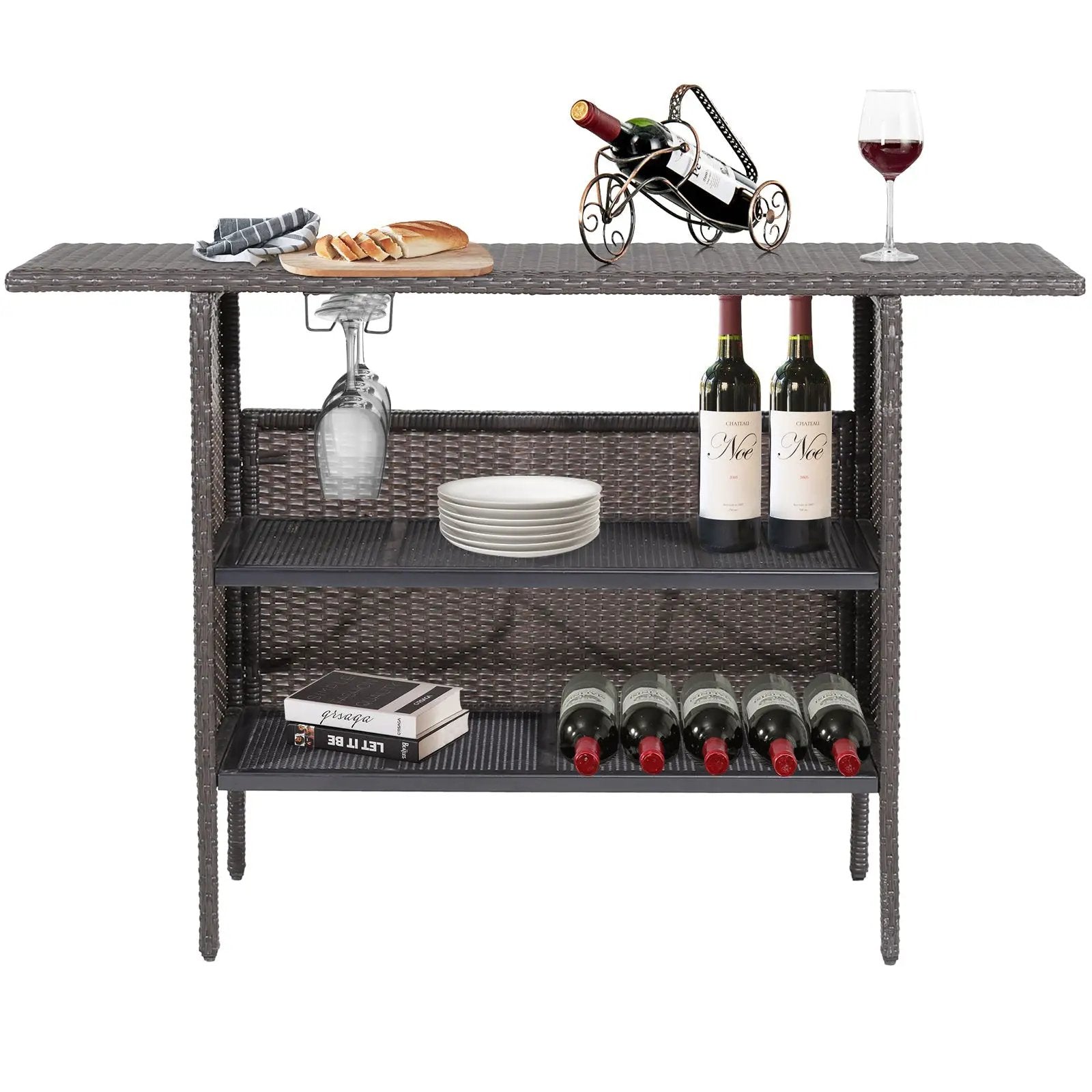 Outdoor Wicker Bar Table with 2 Metal Mesh Shelves by DirectDeals