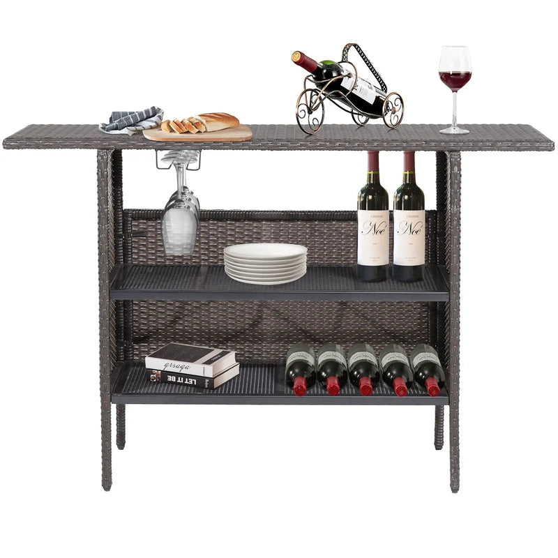 Outdoor Wicker Bar Table with 2 Metal Mesh Shelves by DirectDeals