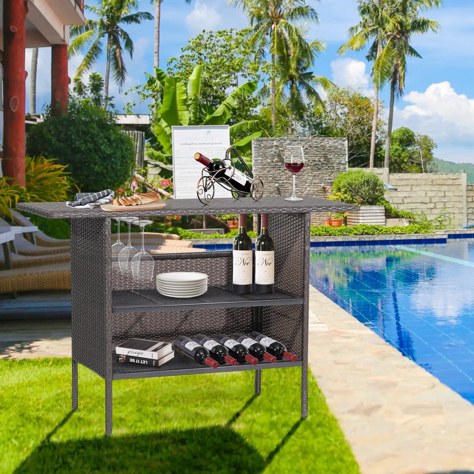 Outdoor Wicker Bar Table with 2 Metal Mesh Shelves by DirectDeals