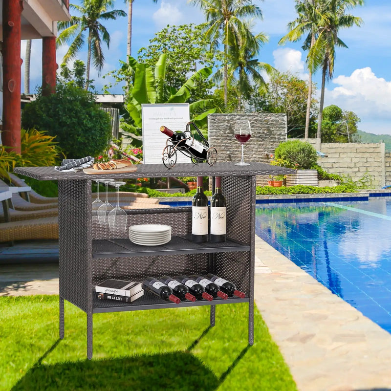Outdoor Wicker Bar Table with 2 Metal Mesh Shelves by DirectDeals